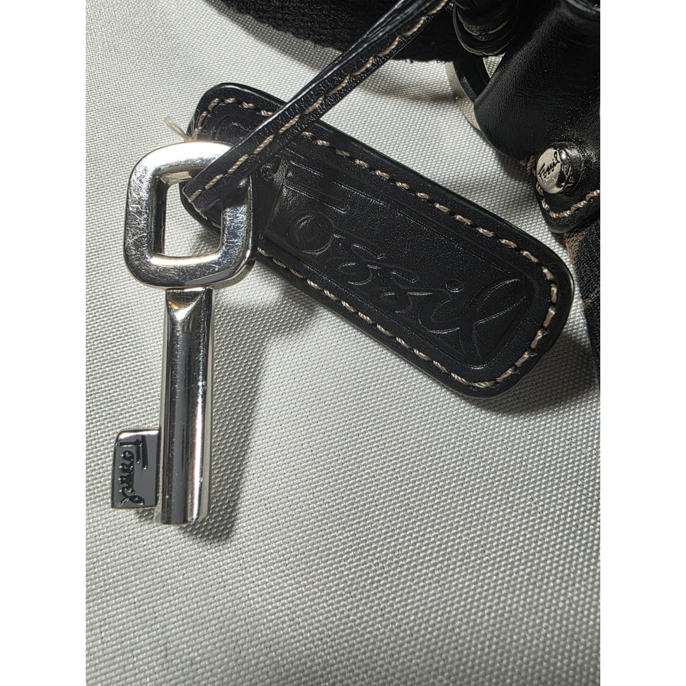 Fossil Signature Print Flap Shoulder Bag with Key Charm Brown Black - Picture 5 of 7